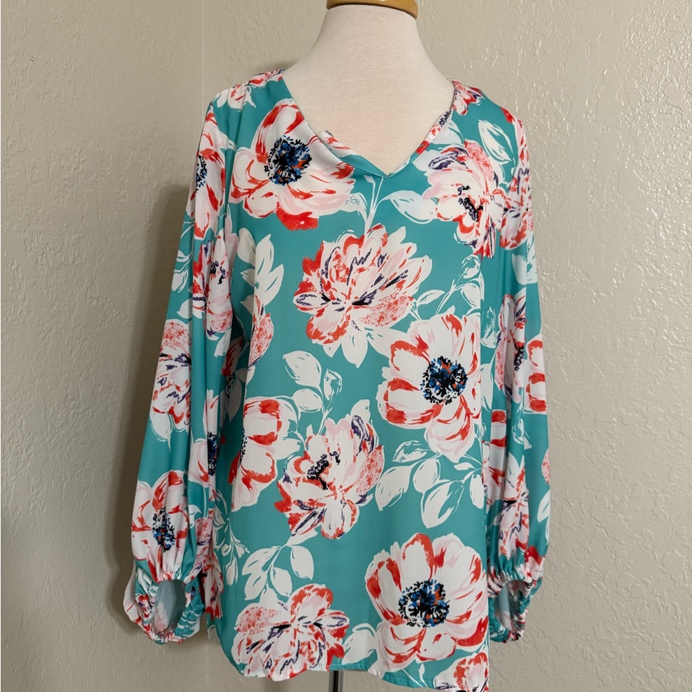 Elegant Floral V-Neck Blouse - Teal and Orange